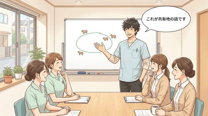 ホワイトボードに牧草地と牛の絵を描いて共有地の話を説明する歯科医師とスタッフ