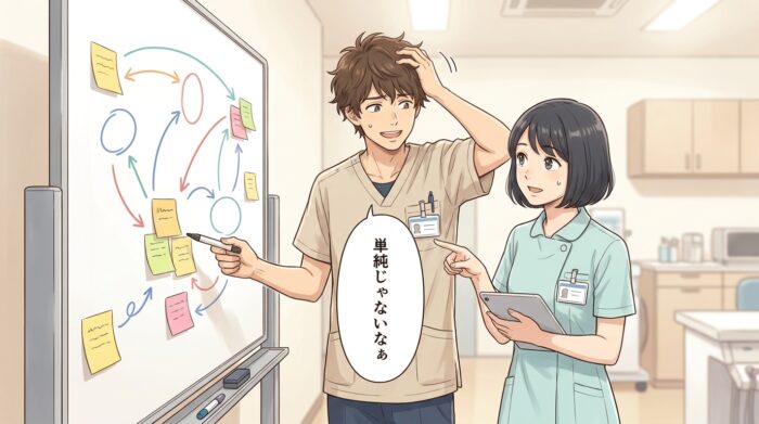 ホワイトボードの前で説明を整理しようと頭を悩ませる二人のスタッフ