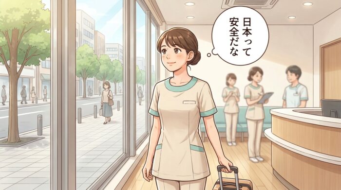 スーツケースを引いたスタッフが安全な街並みを眺め『日本って安全だな』と感じている