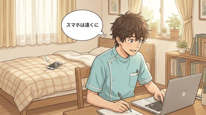 スマホをベッドに放り、机のパソコンで集中して仕事をするスタッフ