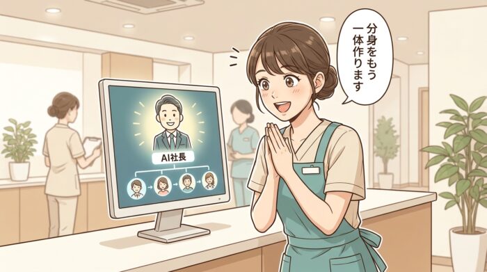 画面の中のAI社長とその下に並ぶチームを見て驚くスタッフ