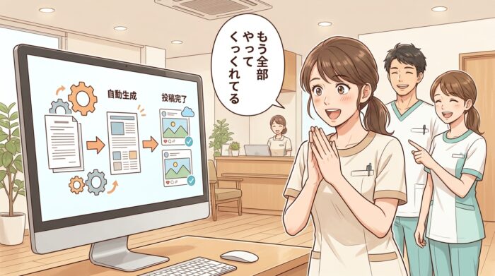 自動生成から投稿完了まで仕事がひとりでに進む画面を見て驚く歯科スタッフ