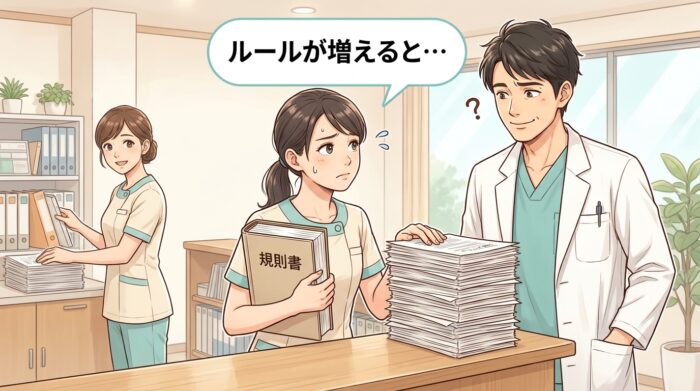 分厚い規則書を抱えて少し困った表情をする受付スタッフ