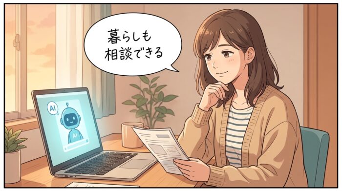 自宅で書類を手にAIに相談するスタッフ「暮らしも相談できる」