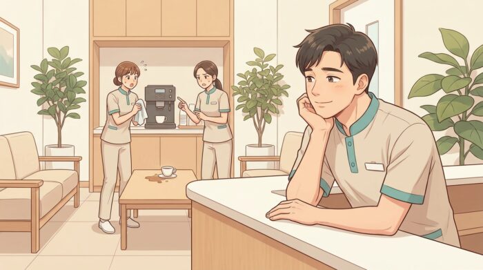 周囲のざわつきに動じず落ち着いている歯科医院スタッフ