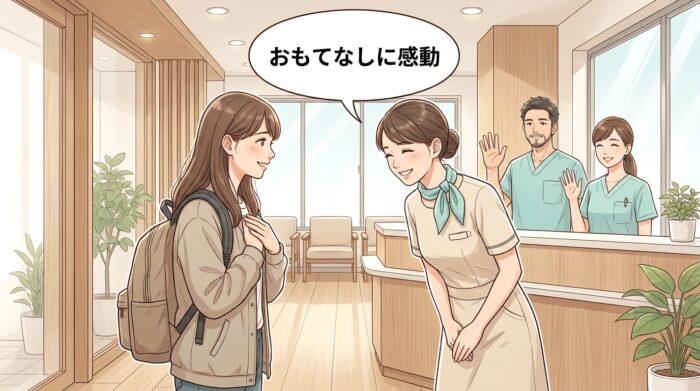 受付スタッフが来訪者を丁寧にお見送りし、来訪者が『おもてなしに感動』している