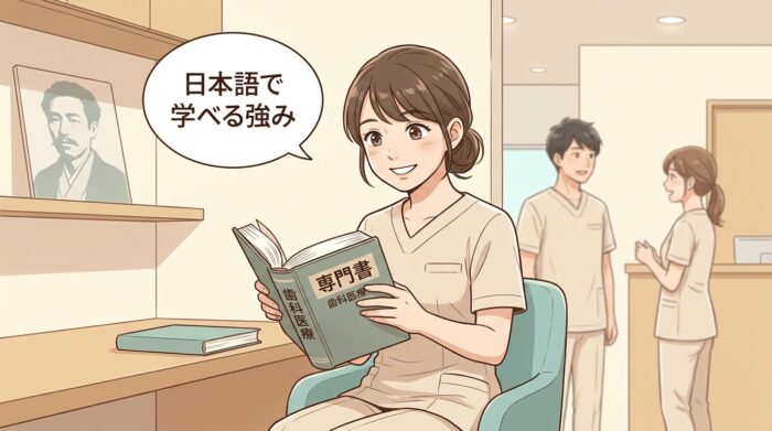 日本語の専門書を笑顔で読む歯科医院スタッフと、明治の文豪の肖像のモチーフ。吹き出しに『日本語で学べる強み』