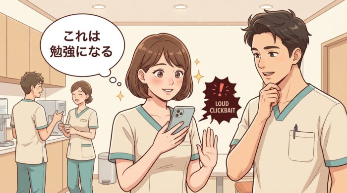 スマホで学びになる話に聞き入りつつ、煽り系の情報からはそっと顔を背けるスタッフ
