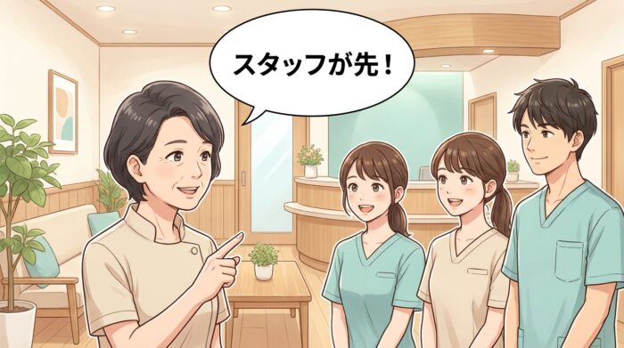 「スタッフが先」と笑顔で伝える先輩スタッフ
