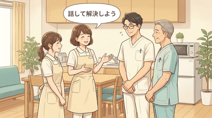 明るい休憩室で輪になって和やかに話し合う歯科医院のスタッフたち