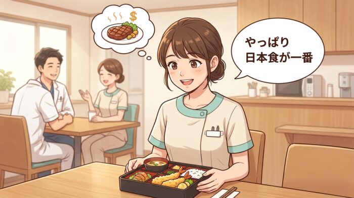 スタッフが日本食を前に『やっぱり日本食が一番』と笑顔で語る情景