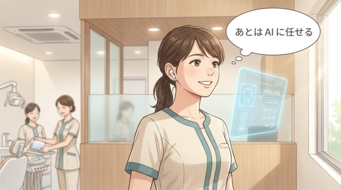 翻訳イヤホンを着けて未来を見つめる歯科医院スタッフ。吹き出しに『あとはAIに任せる』