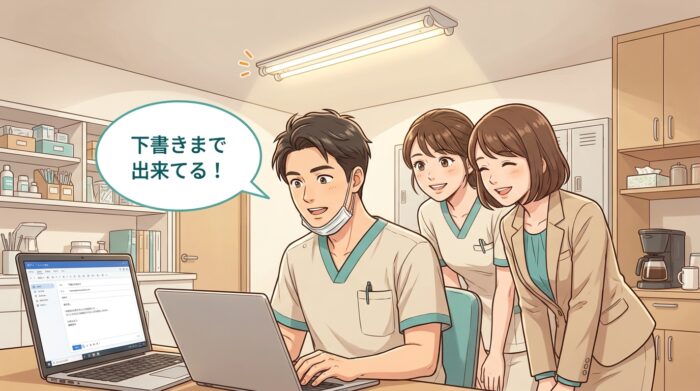 ノートパソコンに用意されたメールの下書きを見て驚く歯科医師