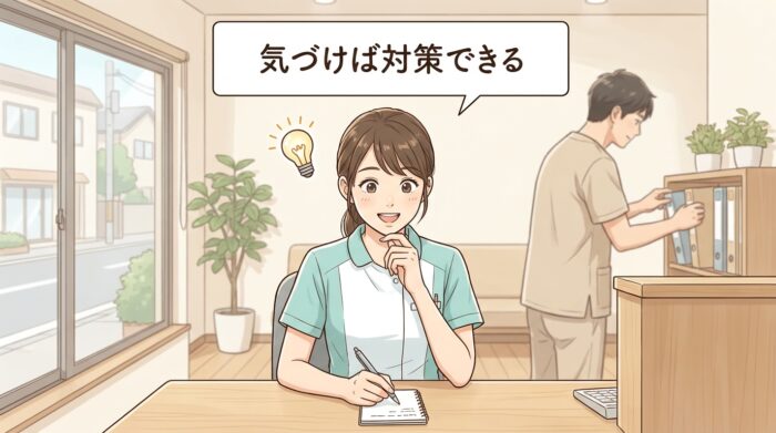気づけば対策できる、と前向きにメモを取る歯科スタッフ