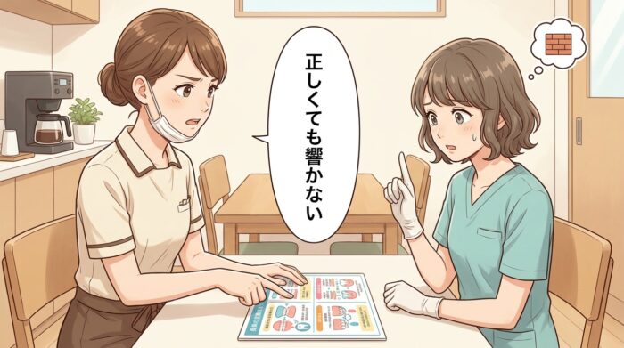 資料で熱心に説明する衛生士と、心に壁を作ってしまう聞き手