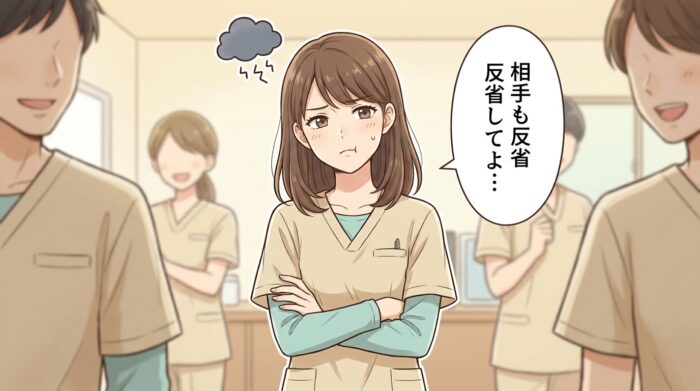 「相手も反省してよ…」と腕を組んで不満げなスタッフ