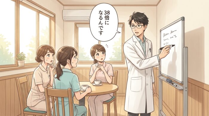 朝の休憩室で、ホワイトボードを前に複利の話をする歯科医師とスタッフ