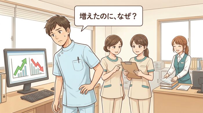 上向きと下向き、二つのグラフを前に首をかしげる歯科医師