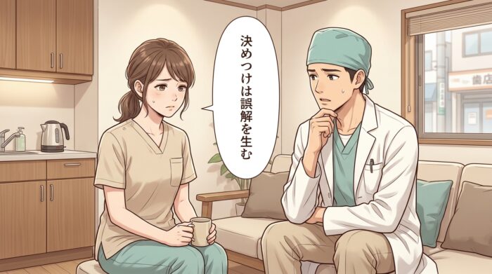 決めつけは誤解を生む、と少し困った表情で話す歯科スタッフ二人