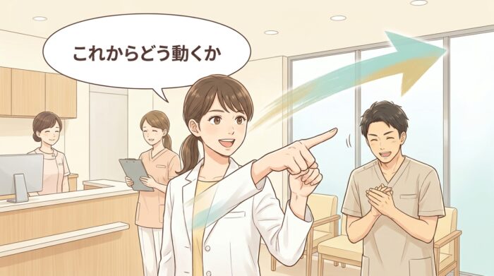 「これからどう動くか」と前を指さす歯科医師とうなずく同僚