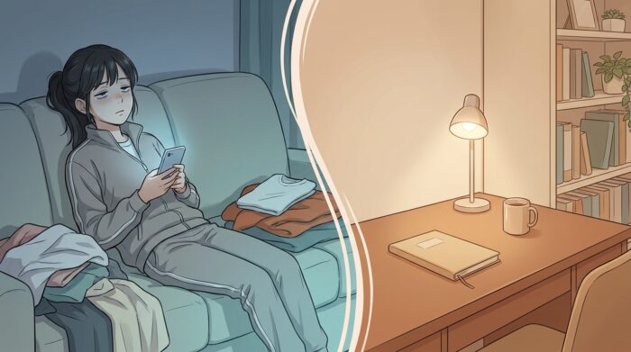 夜にスマートフォンを眺めて過ごす様子と、静かに待っている机の対比