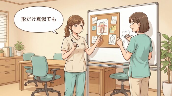 掲示された図をホワイトボードに書き写しながら考え込む歯科医院スタッフ