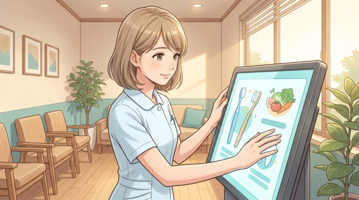 待合室で魅力的な予防情報のサイネージを整える歯科衛生士