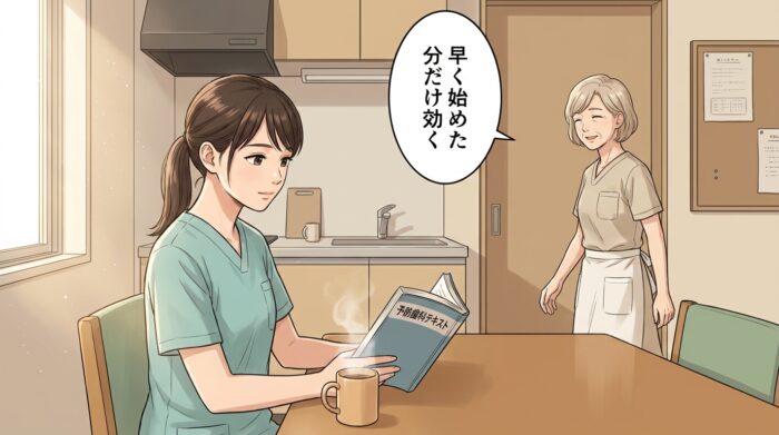 始業前の休憩室で教科書を開く歯科衛生士と、それを見守る先輩