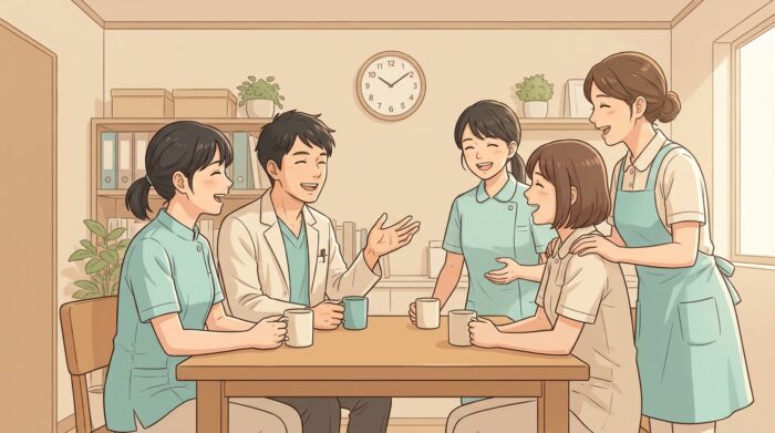 穏やかに談笑する歯科医院のスタッフたちがいる整った休憩室