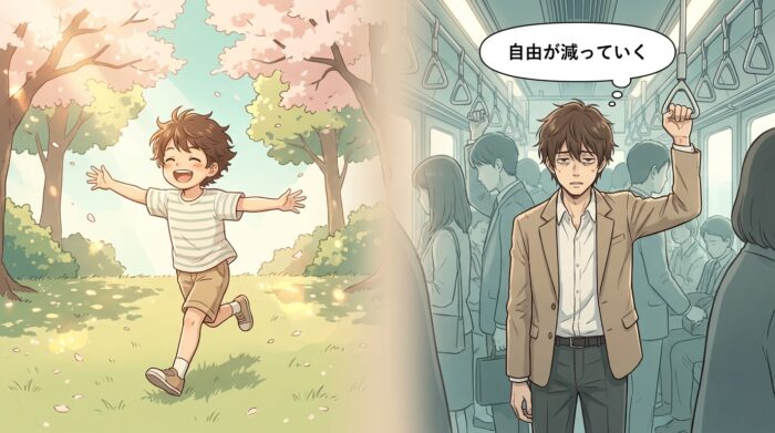 公園を駆ける子どもと、満員電車で立ちすくむ大人を対比した挿絵