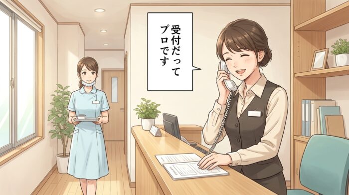 受付カウンターで電話に応対する受付スタッフ