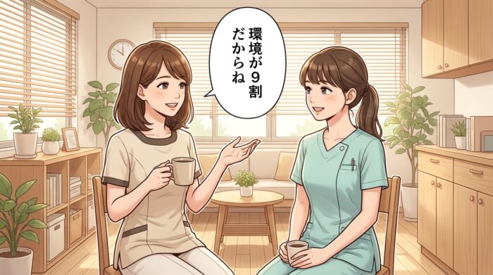 医院のスタッフルームで穏やかに話す二人のスタッフ