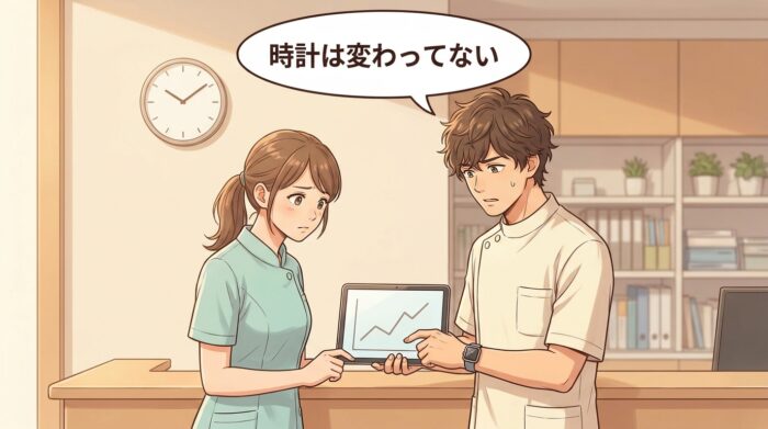 タブレットの数字を見て戸惑うスタッフ