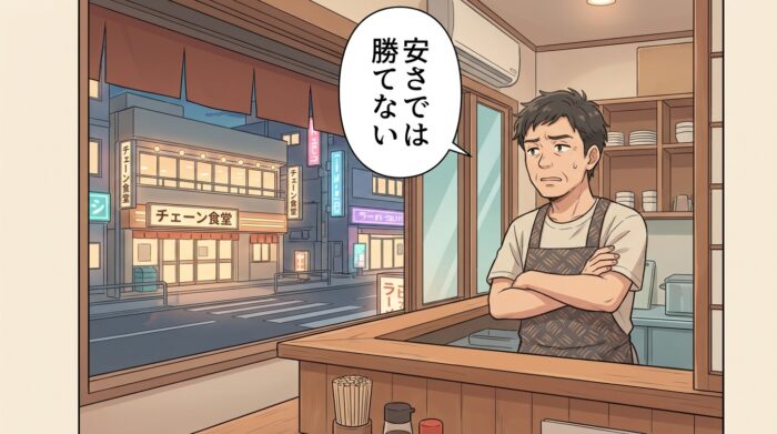 向かいの大型チェーン店を眺めて腕を組む個人店の店主