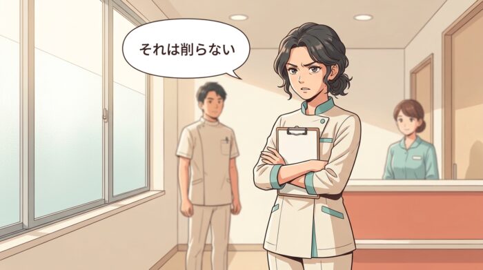 診療室で腕を組み、毅然とした表情で立つ歯科医師