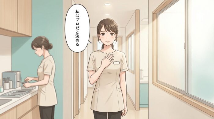 医院の廊下で静かに決意する歯科スタッフ