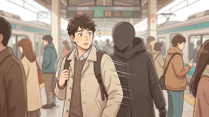 朝の混雑した駅のホームで肩をぶつけられ驚く通勤中の歯科医師