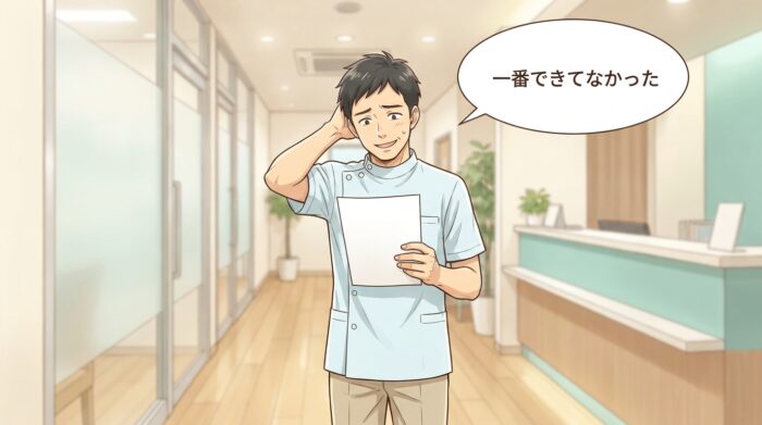 頭をかきながら自分の結果を見つめる歯科医師