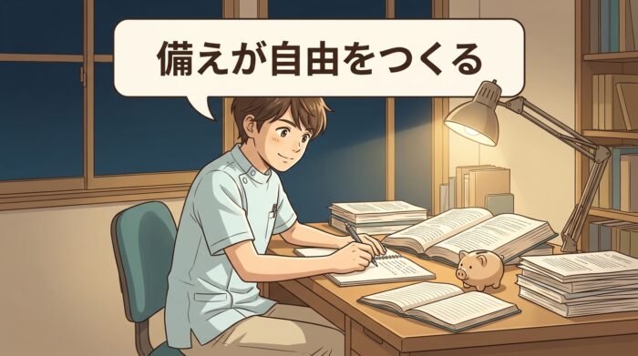夜遅くまで机に向かって勉強する若い歯科医師と貯金箱