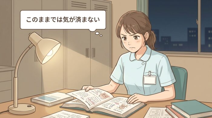 夜の医院で教科書を広げて勉強する若手スタッフ