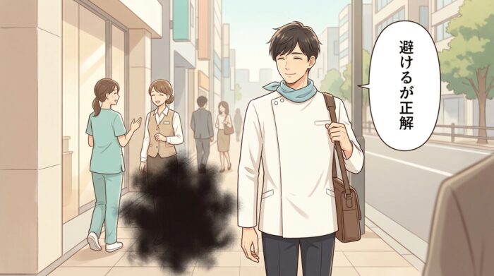 道の先の影を避けて静かに進路を変える歯科医師