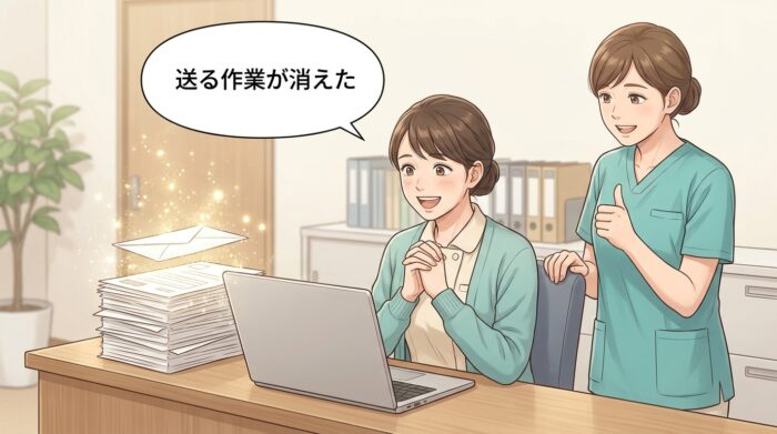 手作業の山が消えて喜ぶ受付スタッフ