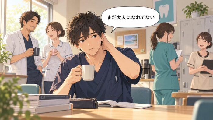 スタッフルームで自分はまだ大人になれていないと感じる若いスタッフ
