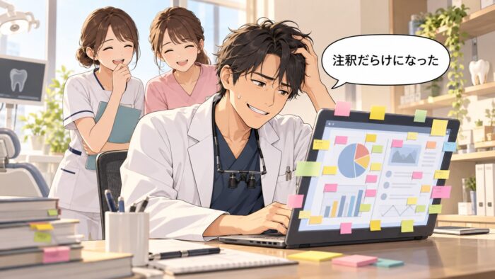 付箋だらけのスライドを前に苦笑いする歯科医師と、それを見て笑うスタッフ