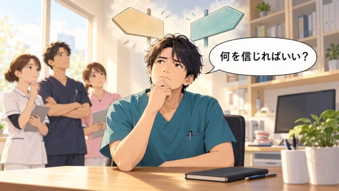 机に向かい、二つの道しるべを思い浮かべながら考え込む歯科医師