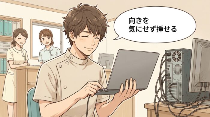 向きを気にせずType-Cケーブルを挿す歯科医師