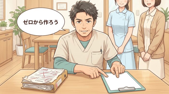 赤字だらけの旧マニュアルと白紙を並べて指し示す歯科医師