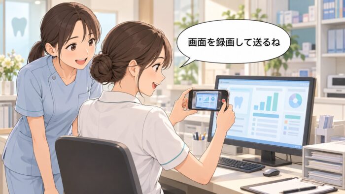 自分の作業画面をスマートフォンで録画して共有するスタッフ