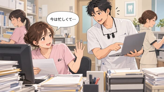 書類に追われるスタッフと、便利な道具を見せようとする歯科医師