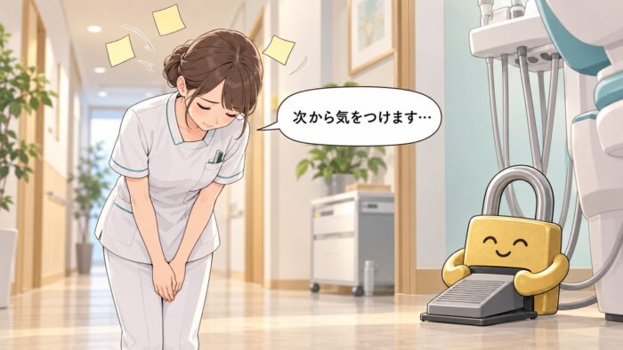 「次から気をつけます」と頭を下げる歯科衛生士と、ペダルを押さえる安全ロック